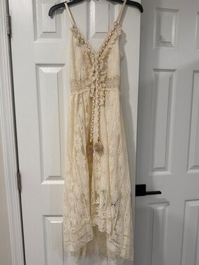 Cream Lace Maxi Dress with Braided Tassel Tie